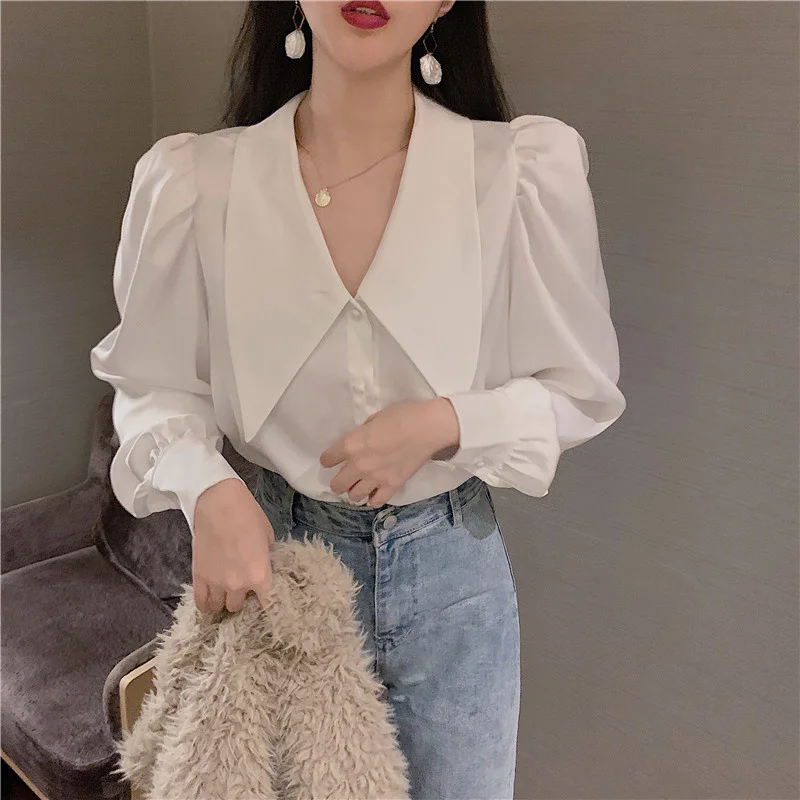 

Bubble Sleeve Shirt Women's 2021 New Autumn Bottomed Shirt Design Sense of Minority with Doll Collar Long Sleeve Top
