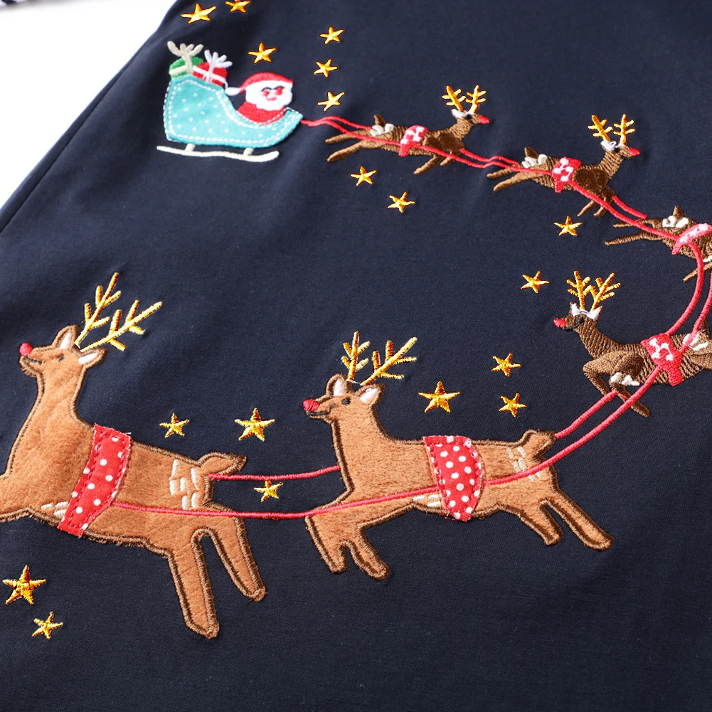 Осеннее платье для девочек с аппликацией в виде лося полоску длинными рукавами