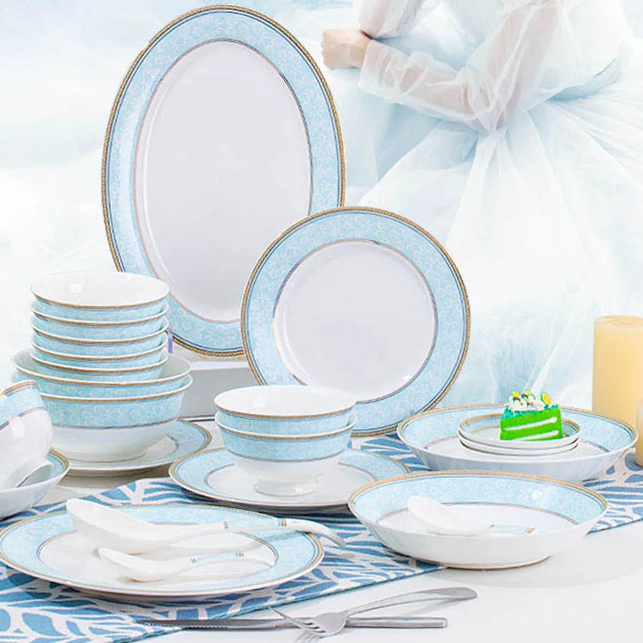 

60 Heads jingdezhen ceramics tableware Dish Rice Bowl Salad Noodles Bowl Plate Dinnerware Sets Kitchen Soup Pot Tableware