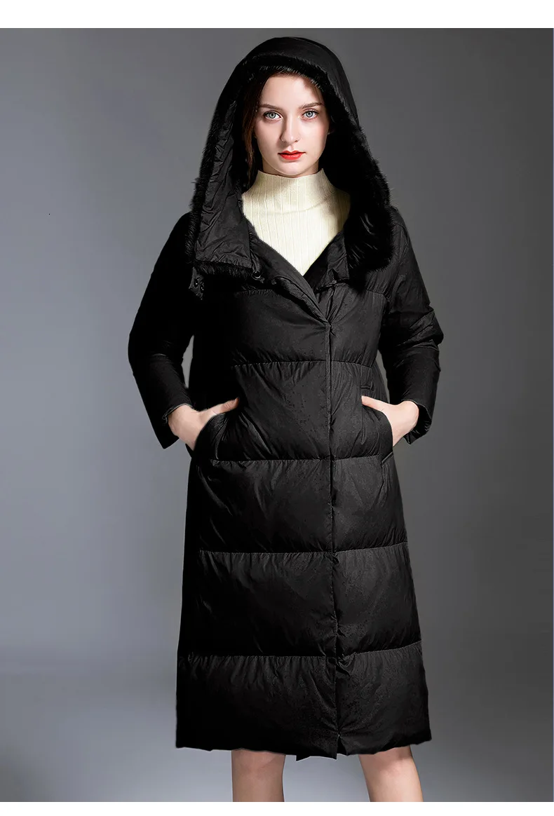 Over knee length down jacket female Euramerican style thick white duck down warm fashion down jacket hooded women 199007