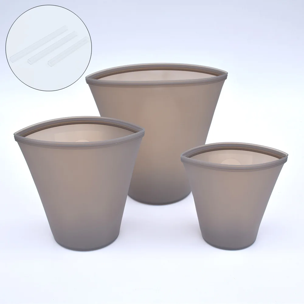3Pcs Gray Cups Силиконовый контейнер коробки для обедов мешки для хранения еды молния герметичная миска для свежей еды Топ многоразовые закрытые фрукты овощи герметичная чашка - Цвет: 3Pcs Gray Cups