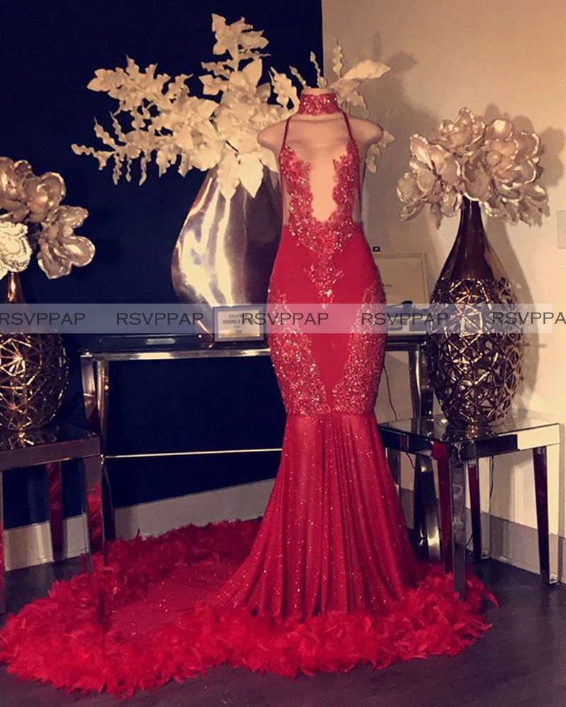 Длинные красные платья для выпускного вечера русалки 2020 с высоким вырезом