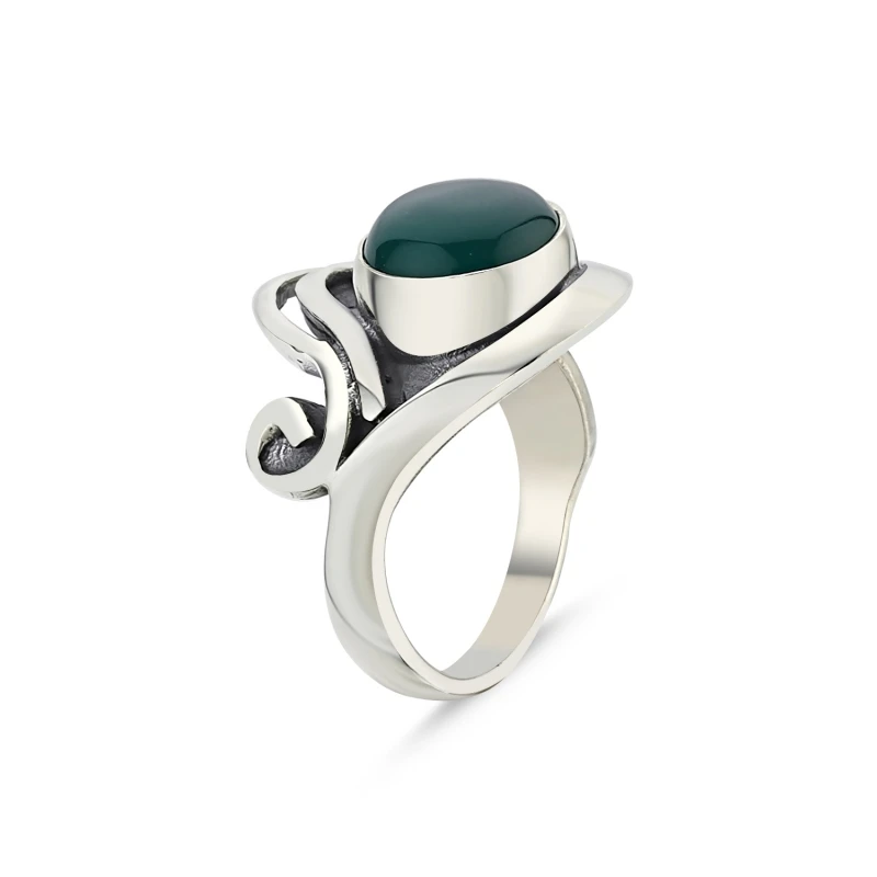 

Silverlina Silver Green Agate Stone Handwork Ring