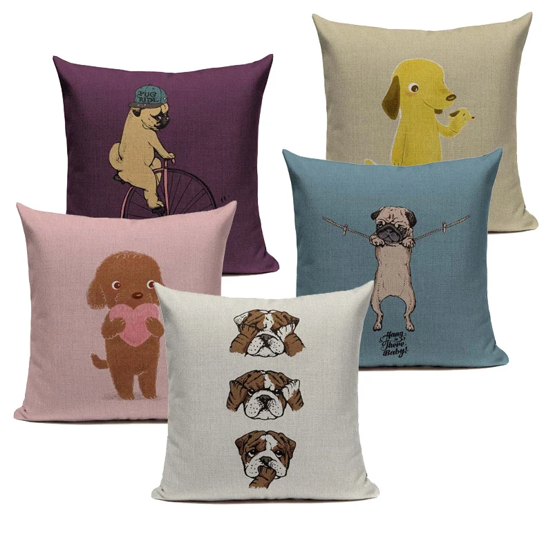 

Cushion Cover Animal French Bulldog Pug Dog Pillowcase Colorful Cute Woven Cotton Linen Car Pillow Covers Decorative Home Decor
