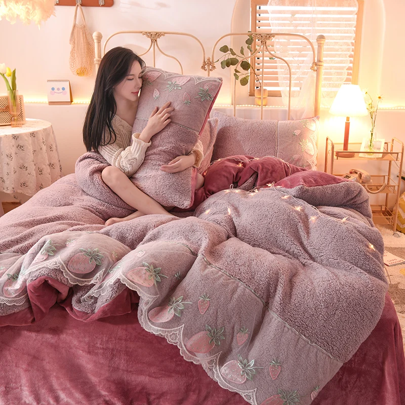 

Lace Lamb Cashmere Fleece Flannel Bedding Set Winter Bedclothes Pink Embroidery Flat Sheet Pillowcase 3/4pcs 2020 NEW Princess