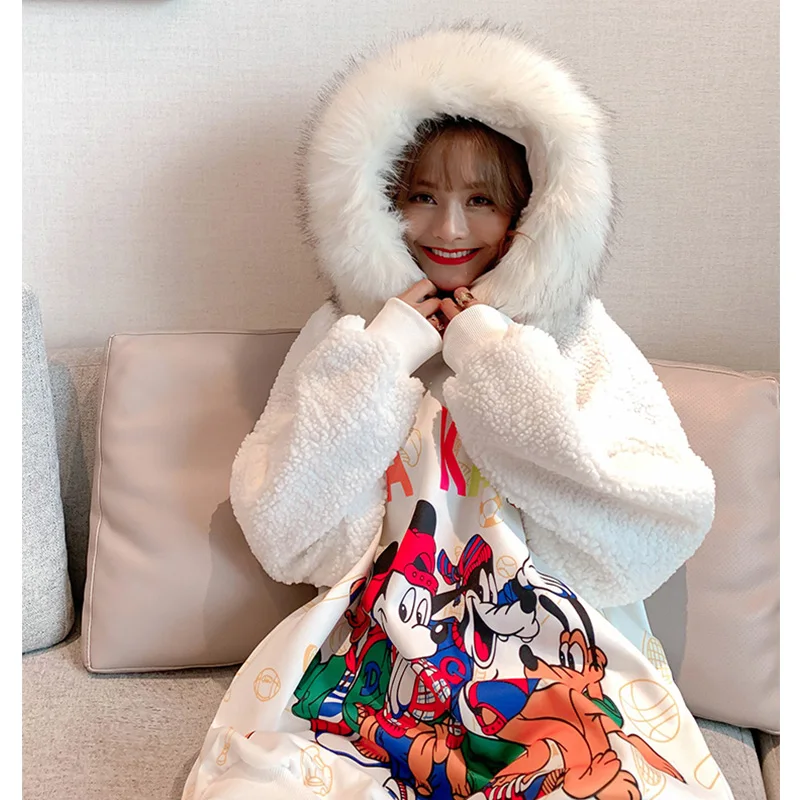 Winter lambswool dresses fashion fur collar women velvet hooded dresses
