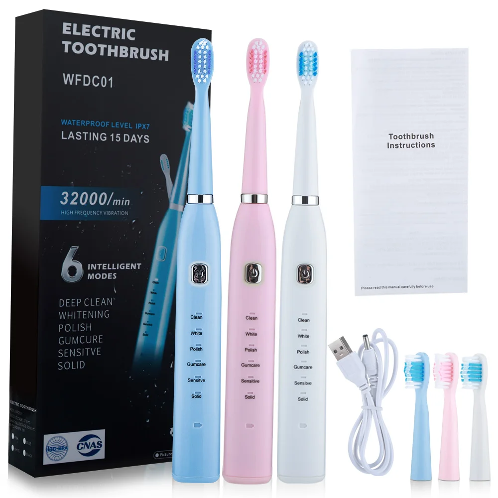 

Electric Toothbrush Whitening Teeth Washable Adult Teeth Brush 5 Mode Sonic Clean Remove Plaque With 3 Replacement Brush Head