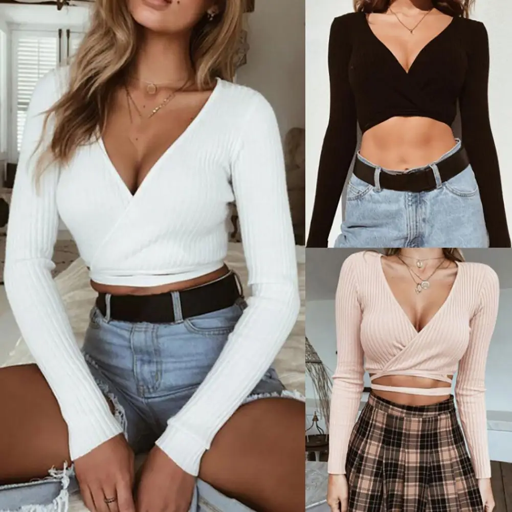 

Women Long Sleeve Sexy Deep V Neck Basic Solid Black White Lady Casual Tshirt Sexy Off Shoulder T Shirts Summer Autumn