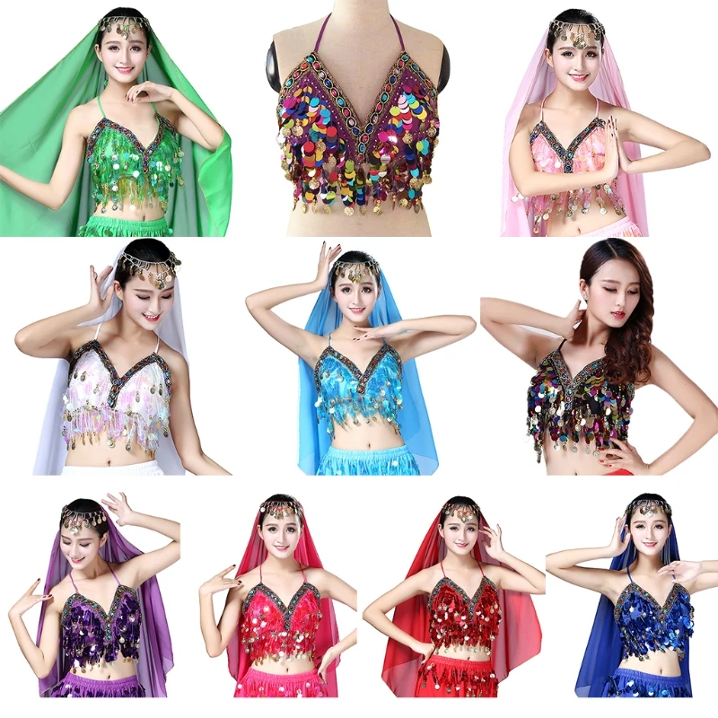 

Women's glitter sequins tassel sling crop top sexy Latin belly dancer XX9D