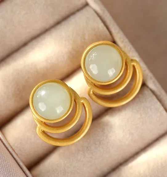 

S925 sterling silver inlaid Hetian jade sapphire simple temperament all-match female earrings