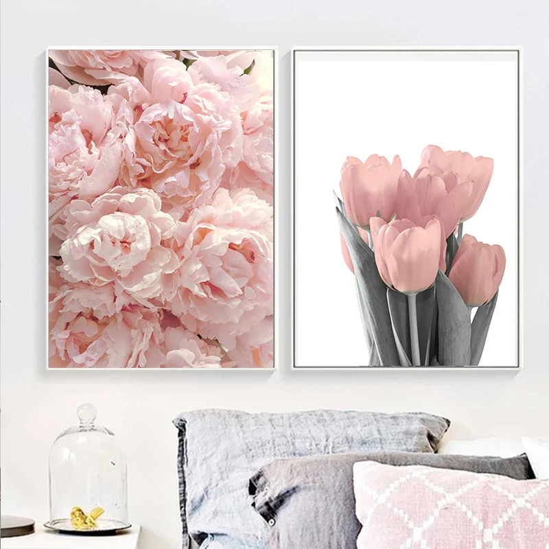 

Nordic Canvas Painting Posters Prints Quadros Wall Art Pink Peony Tulips Rose Flower Picture Living Room Home Decor Cuadros