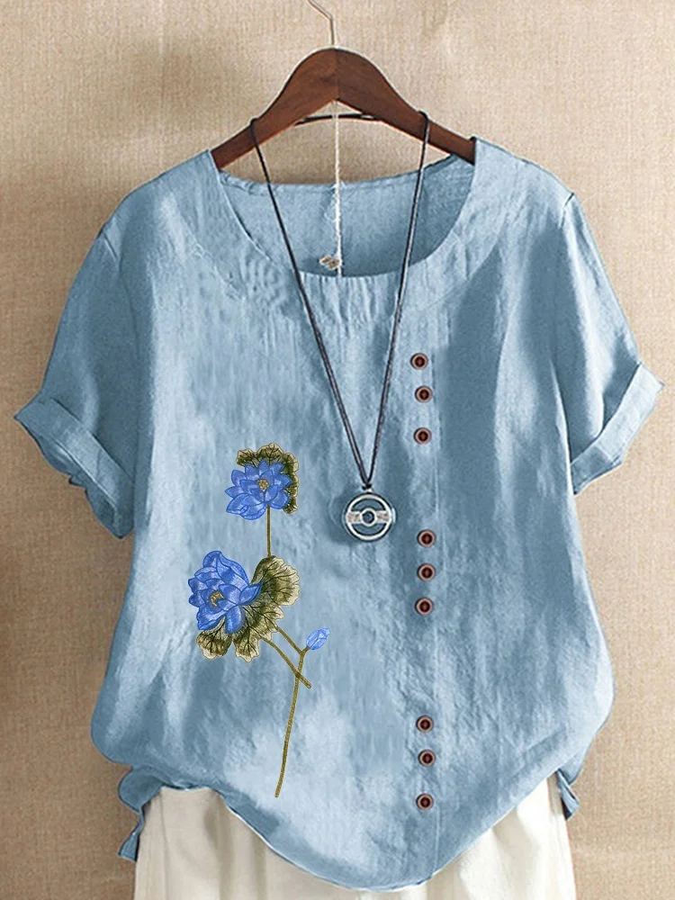 

Women's New Fashion O-neck Lotus Flower Printed Short Sleeve Tops Loose Linen T-Shirt Casual Blouse S-5XL