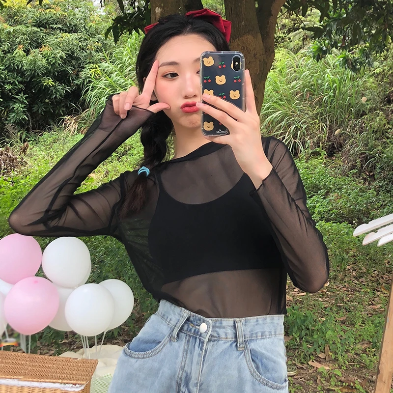 

Sexy New Mesh Goth Long Sleeve T shirt Women See-through Fishnet Tops Summer Casual TShirt Streetwear Women's Clothing 2021