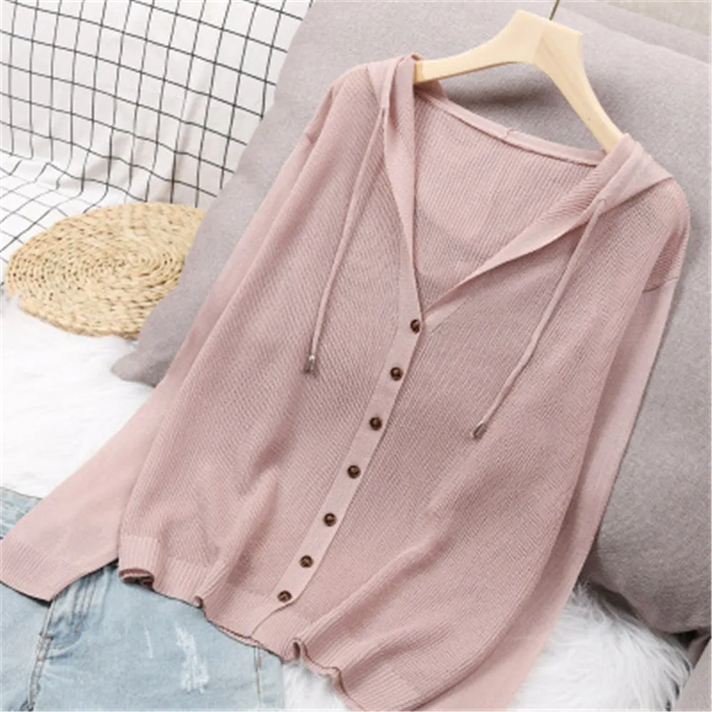 

Long Sleeve Cardigan Women Summer Autumn Knitted Cardigan Korean Button Up Hooded Jacket Ice Silk Sweater Thin Sunscreen Tops