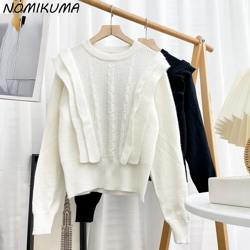

2021 Winter New Pull Femme Chic Korean Ruffles Knitted Top Jumper Causal Long Sleeve O-neck Pullover Knitwear 6N349