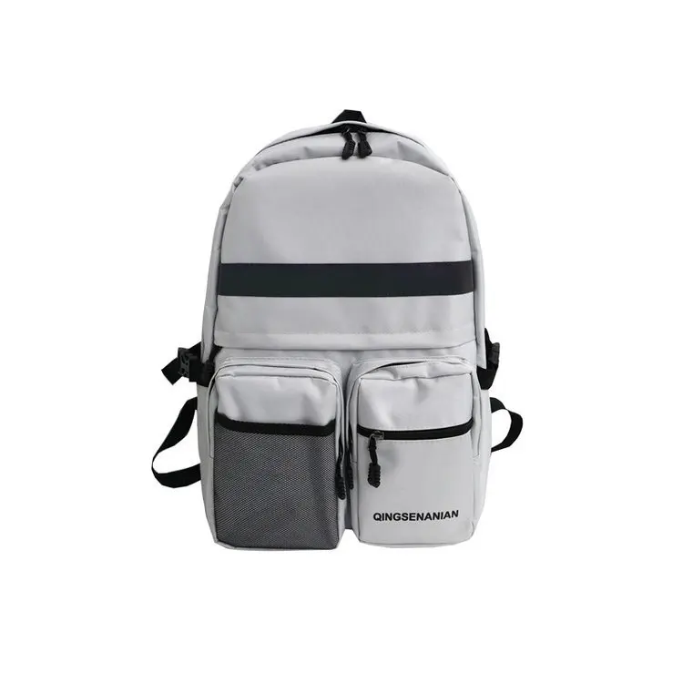 

Cool personality double pocket reflective strip design backpack all-match solid color boys and girls student schoolbag