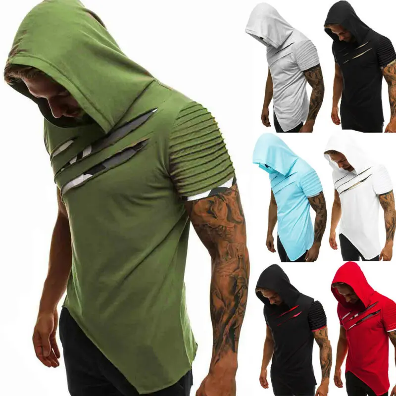 Мужские облегающие футболки с коротким рукавом капюшоном топы Повседневная