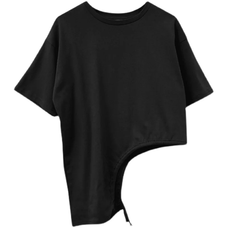 

SuperAen Summer Women's Shirt Cotton Slim Round Neck Lace-up Asymmetric Bottoming Tops Women's T-shirt
