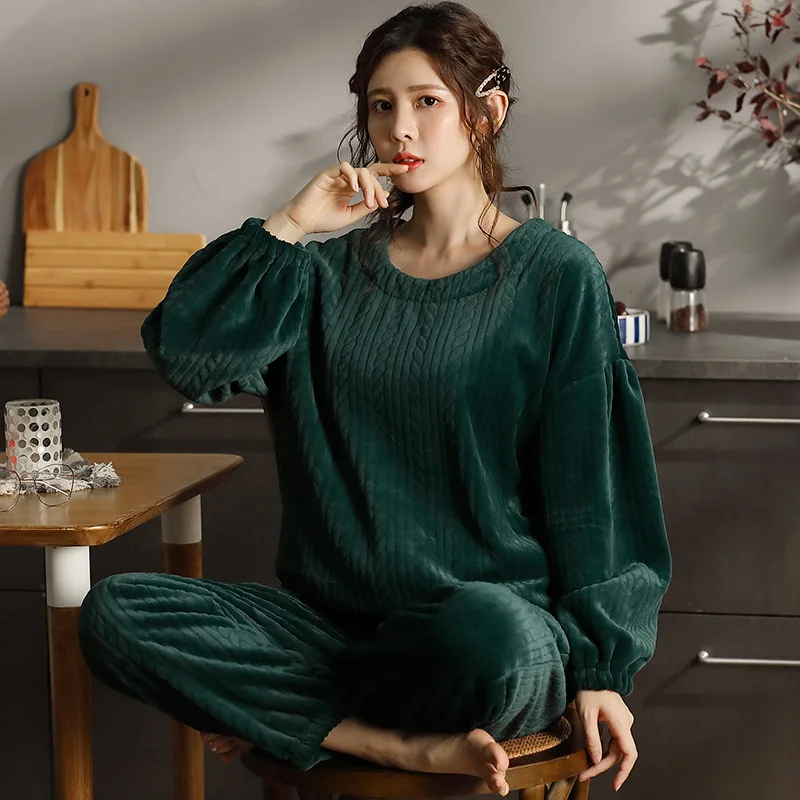 

Coral Fleece Pajamas Women's 2020 Winter New Thick Warmth Solid Color Ladies Flannel Can Be Worn Outside Home Service Suits