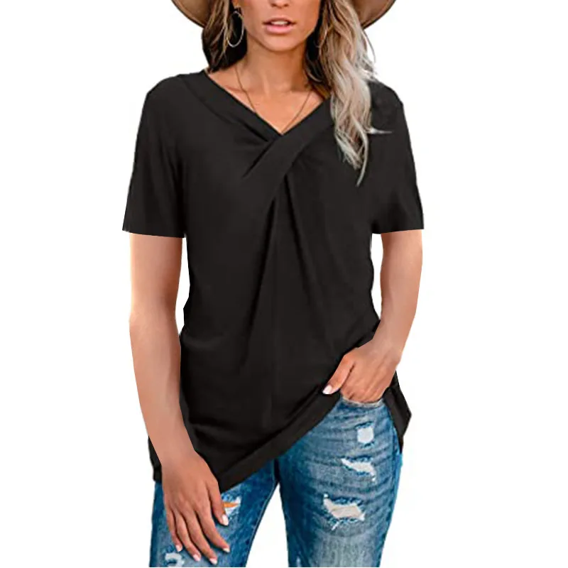 

2021 European and American tops women's new V-neck long-sleeved neckline casual t-shirt