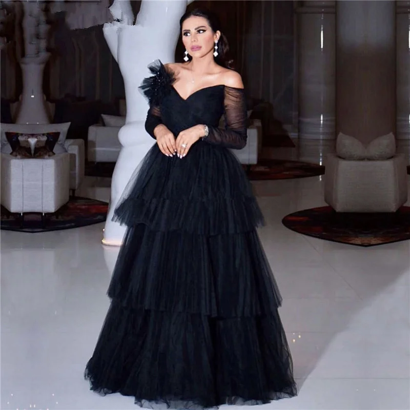 

Black Muslim Evening Dresses 2022 A-line V-neck Long Sleeves Tulle Tiered Dubai Saudi Arabic Prom Gowns Vestidos Formales