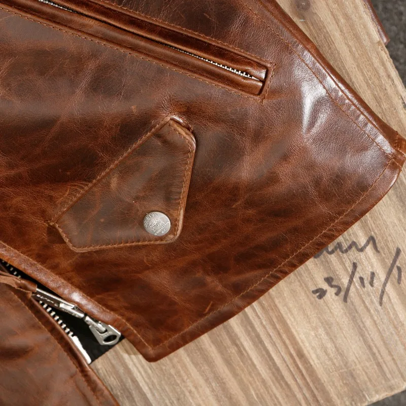 

Wax Cowhide Oil Short Jacket Mens Stand Collar Motorcycle Genuine Leather Jackets Vintage Brown Slim Fit Males Casual Outerwear