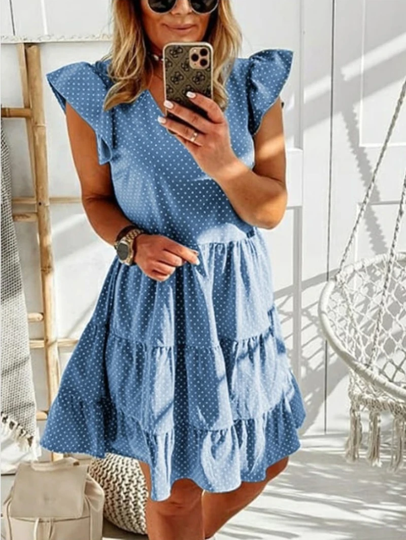 

Summer Women Boho Polka Dot Dress Ruffles Loose Short Sleeve Mini Dress New Plus Size Elegant V-Neck Party Beach Casual Clothing