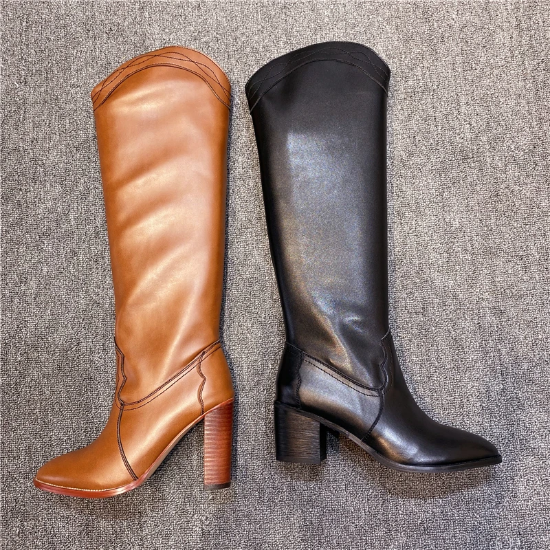 Women's Winter High Boots Brand New Pointed Banquet Stitched High Heels Brown Black Sewing Women's Boots Size 34-43