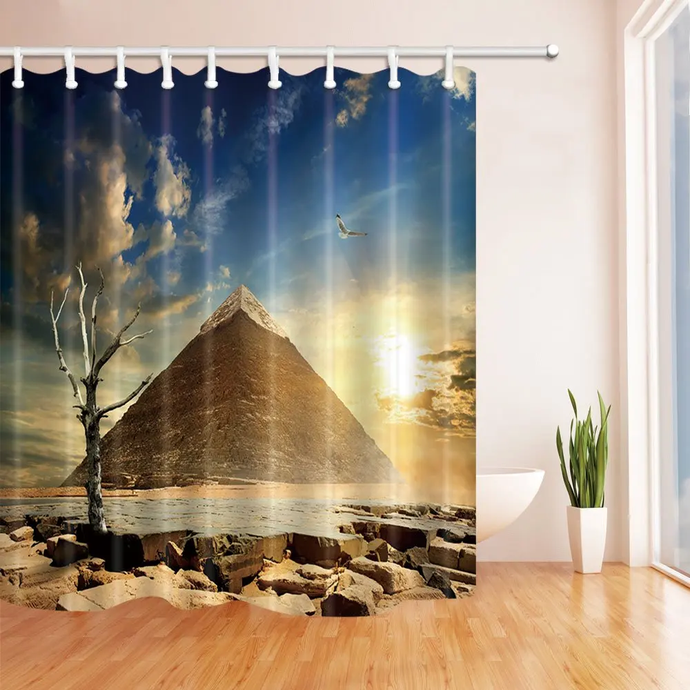 

Pyramid Shower Curtain Egypt Landscape Blue Sky White Cloud Sunrise Yellow Sun Dry Tree Golden Pyramid Bathroom Curtains