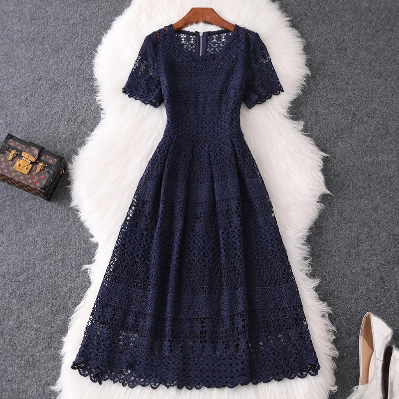 

Water Soluble Lace Dress 2019 New Slim Fit Slimming Hollow-out Dress Retro Short Sleeve A- Line Dress for Women 84862 Dresses