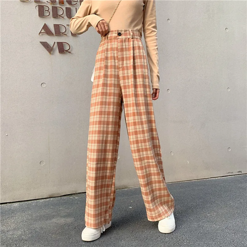 

2021Simple Old-Fashioned Plaid Causal Long Women'S Pants Street Fashion Straight Wide-Leg Pants