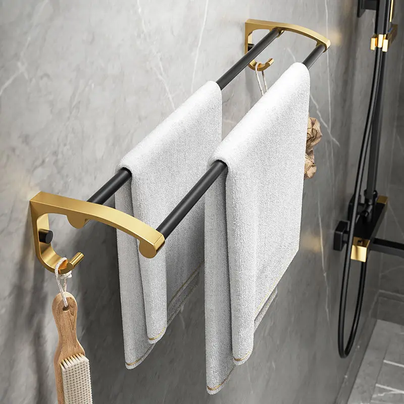Punch-Free Bathroom Accessories Black Gold Luxury Bathroom Shelf Space Aluminum Bathroom Organizer Toilet Holder Towel Holder