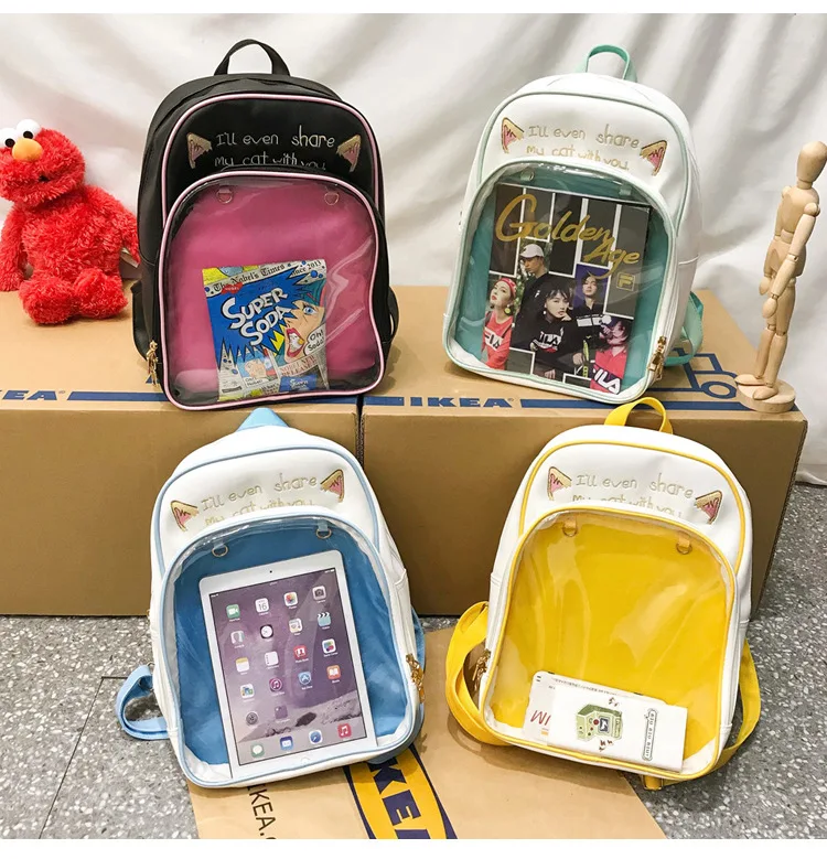 

New Transparent Women Backpack Ladies Letter Printing Cute Cat Ears Ita Bag Student School Bag Girl School Bag Ita Backpack