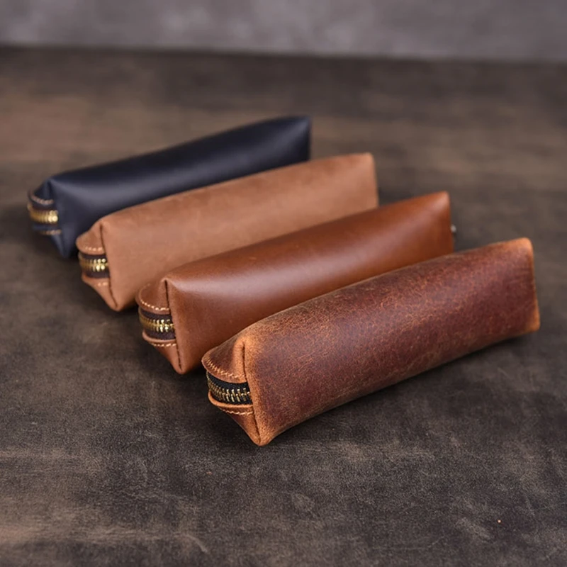 

Handmade Genuine Leather Pencil Bag Vintage Retro Style Cowhide Zipper Pen Case School Bag Office Stationery