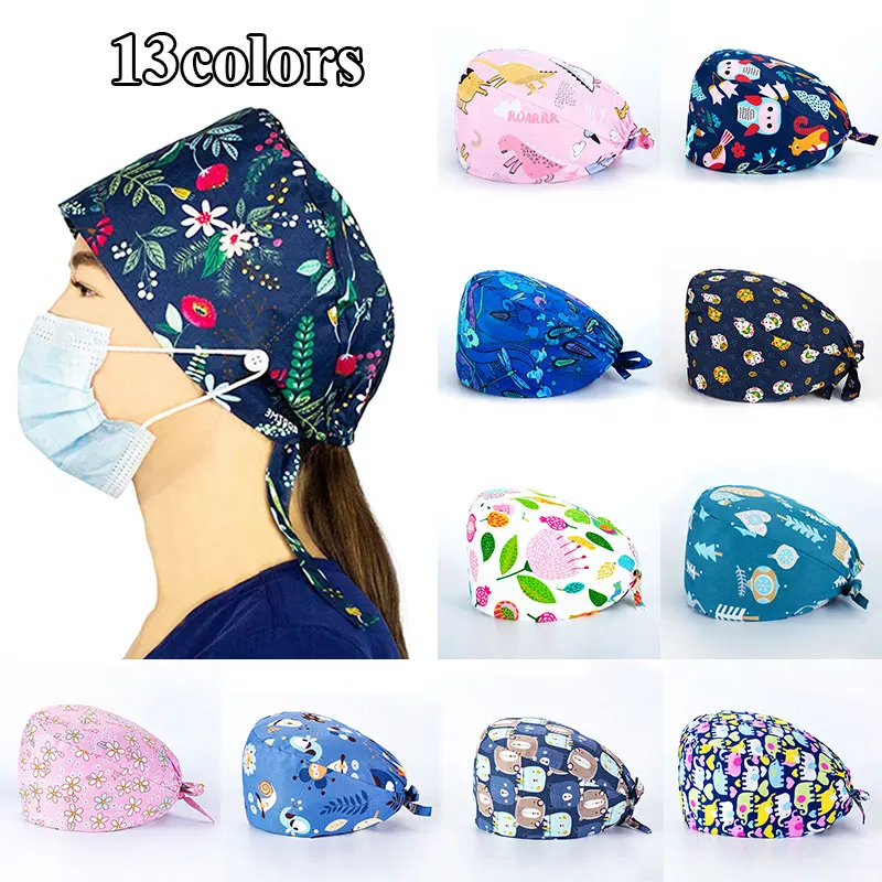 

Scrub Nurse Hat Floral Printed Bouffant Sanitary Cap Sweatband Cartoon Print Nursing Caps Women Turban Cap Surgical Baotou Caps