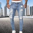 Модные трендовые мужские пикантные джинсовые брюки с дырками, повседневные осенние мужские рваные узкие брюки, облегающие байкерские джинсовые брюки, спортивные брюки для бега