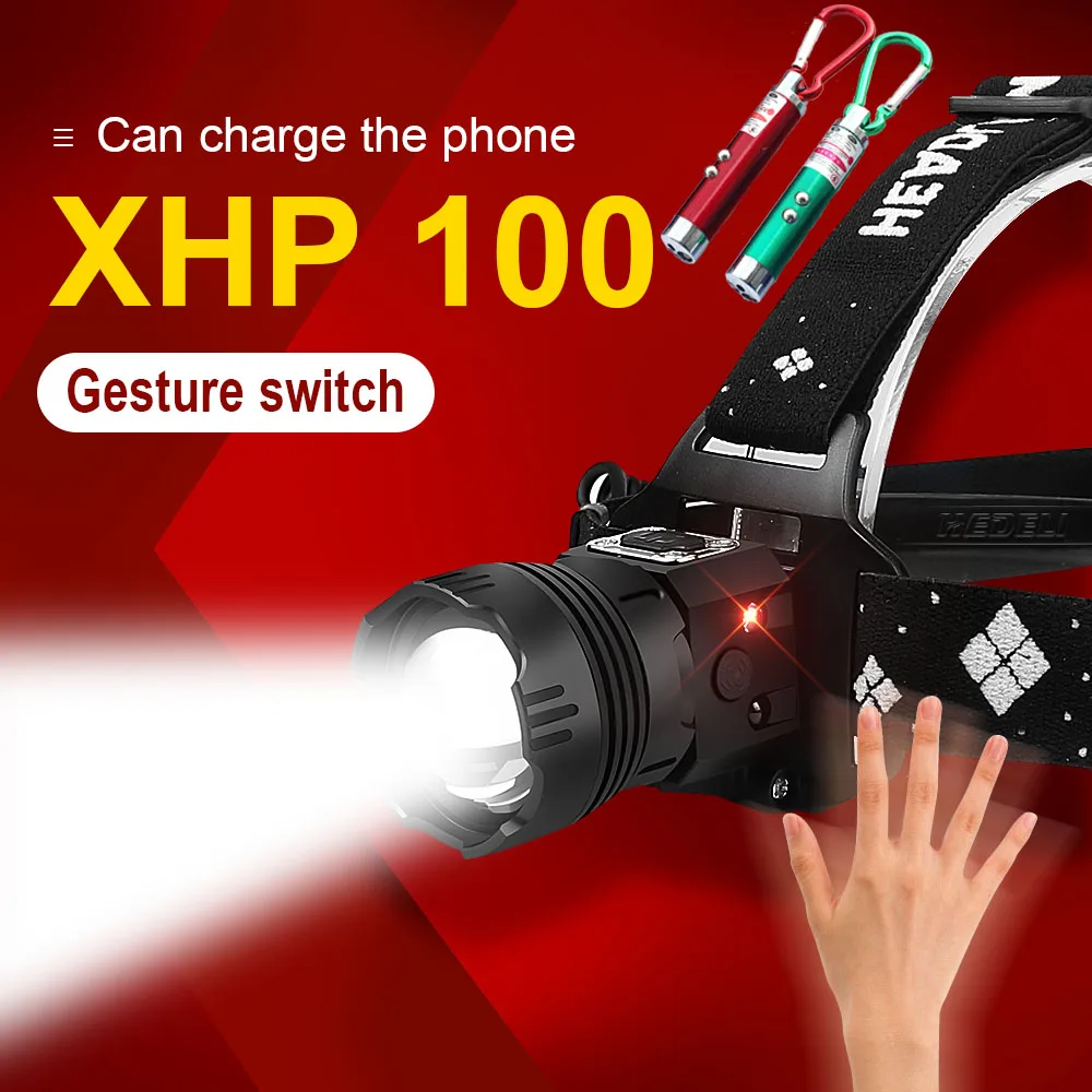 

2021 Новый XHP100 ИК Сенсор светодиодный налобный фонарь 18650 Перезаряжаемый usb головной светильник XML T6 водонепроницаемый рыболовный головной св...