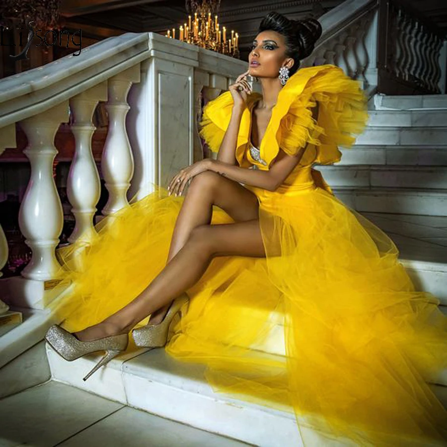 

Bright Yellow Tulle Prom Dress Beauty V Neck Party Evening Dress Lush Vestidos De Fetsa Special Design Prom Dresses Arabic