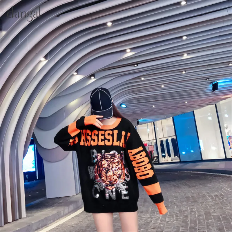 FahionHooded Sweater Women Female Sequined Tiger Sweaters Warm Pullover Knitted Winter Sequin Jumper | Женская одежда
