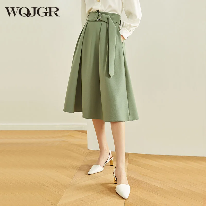 WQJGR высокая талия женские юбки длина до колена пояс зеленая плиссированная юбка