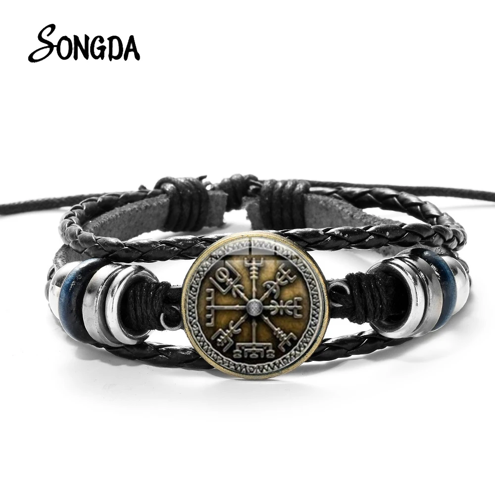 

Vintage Viking Compass Bracelet Men Nordic Runes Odin Symbol Glass Gem Black Multilayer Braided Leather Bracelets Bangles