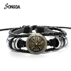 Винтажный Мужской браслет с компасом викингов, многослойные плетеные кожаные браслеты на запястье с нордические Руны из символ Одина стекла