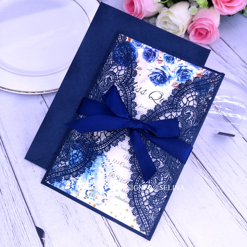 Темно-синие кружевная лазерная резка свадебные приглашения Сделай Сам