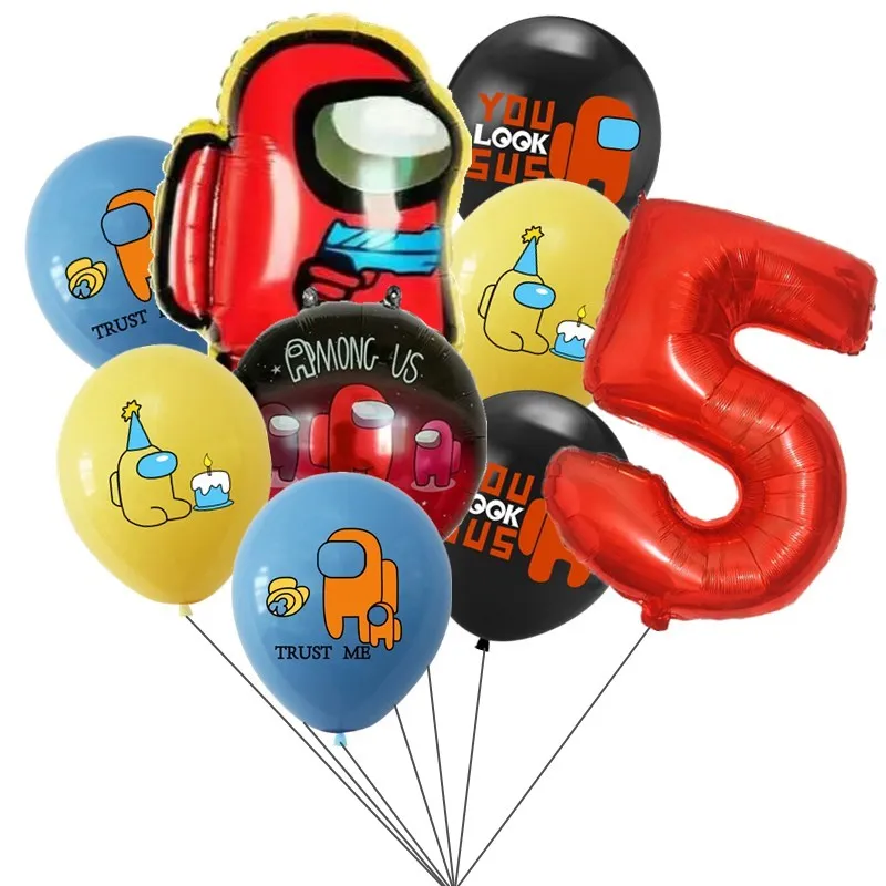 9pcs Amonged Foil Balloons Crewmate All Game Party Latex Ballons Us Cake Toppers Hero Happy Birthday Banner Decoration Boy Toy | Дом и сад