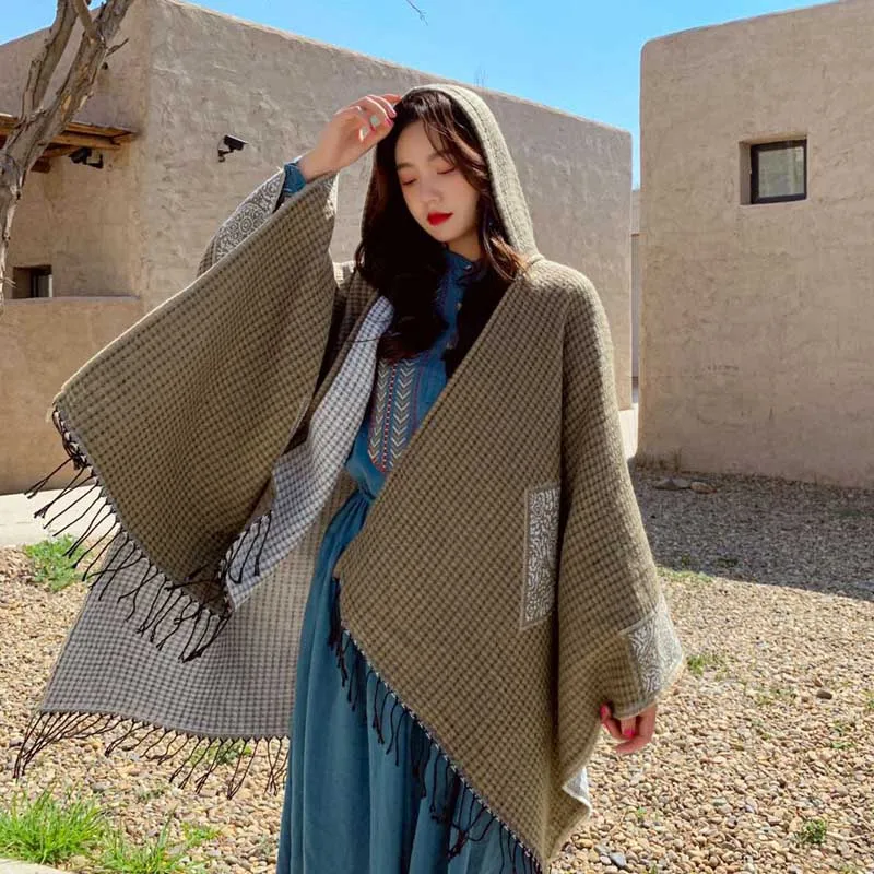 

Women Winter Knitted Cashmere Poncho Capes Shawl Cardigans Sweater Coat Autumn Winter Oversized Reversible Reversed