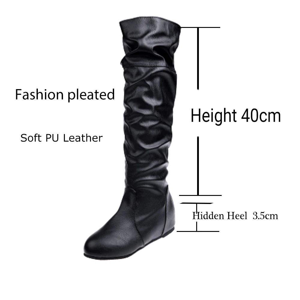 

Women Leather Mid Calf Boots Casual Slip on Autumn Winter Wedge Long Boots Fashion Pleated Round Toe Black High Boots Female