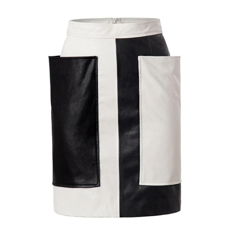 

[EAM] High Waist White Black Contrast Color Pocket Pu Leather Half-body Skirt Women Fashion Tide New Spring Autumn 2021 1Y636