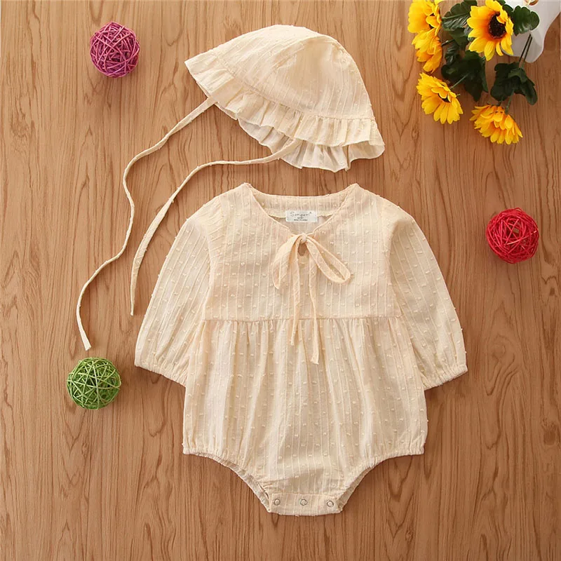 2Pcs/set Romper Cute Baby Girls Long Sleeve Pompom Hat Clothes Outfits Set Solid Print Bodysuit | Детская одежда и обувь
