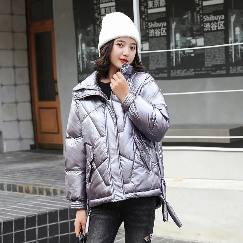 Fashion Ribbon Glossy Parka Women Winter Jacket Cotton Padded Warm Thicken Stand Collar Short Coats Womens Jackets | Женская одежда
