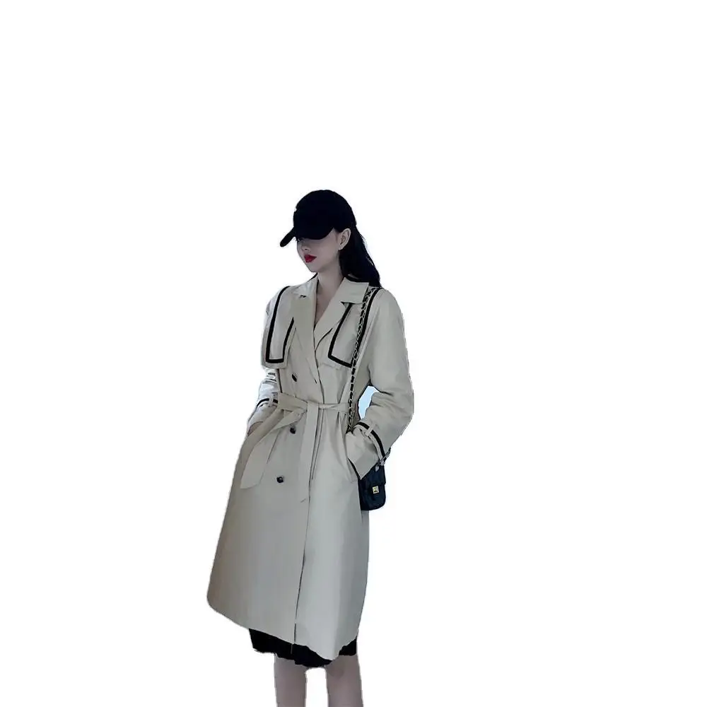 

Retro British style long over the knee double breasted Navy collar lace up trench coat women's spring and Autumn casual